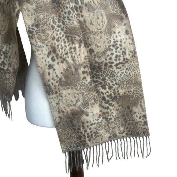 Soft Reversible Animal Print Paisley Floral Brown Shawl Scarf Fringe 72" x 11" - Picture 4 of 6